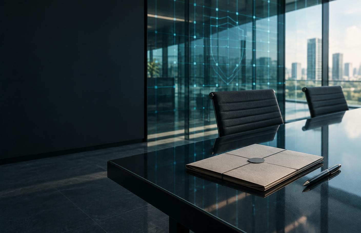 A sealed examination dossier in a modern governance meeting room